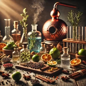 DALL·E 2025-02-10 11.02.46 - A detailed scene depicting the process of creating your own gin. The image features a rustic wooden table filled with fresh botanicals like juniper be